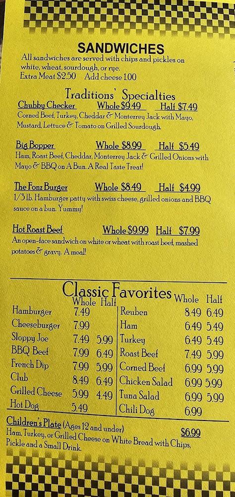 Traditions Soda & Sandwich Menu